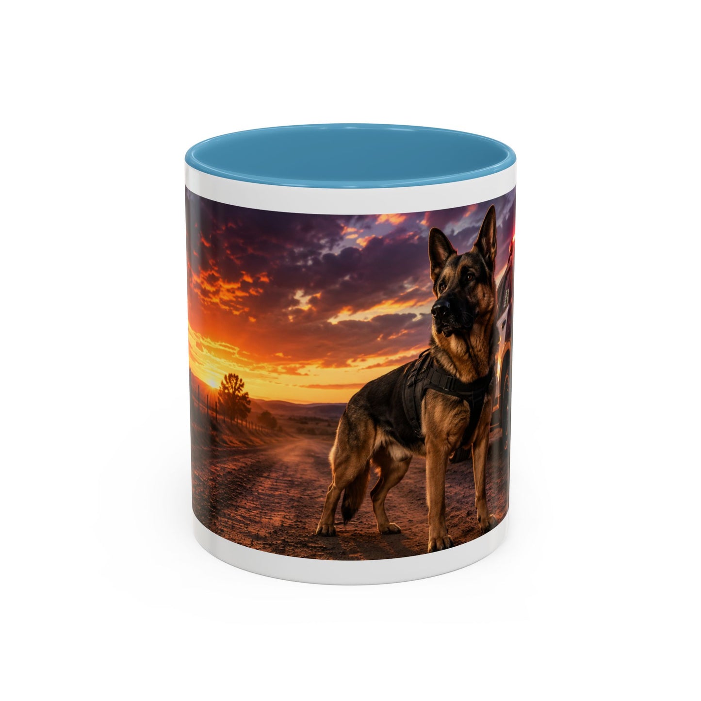 Police K9 Coffee Mug - German Shepherd with Patrol SUV at Sunset (11/15oz)