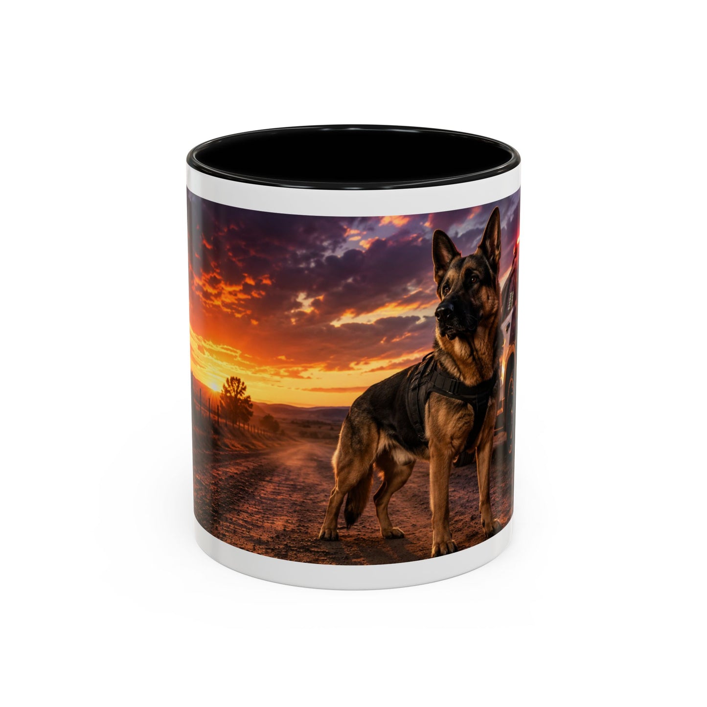 Police K9 Coffee Mug - German Shepherd with Patrol SUV at Sunset (11/15oz)