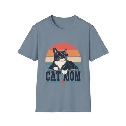 Cat Mom T-Shirt Tuxedo Cat — Retro Sunglasses Cat Vintage Sunset Tee