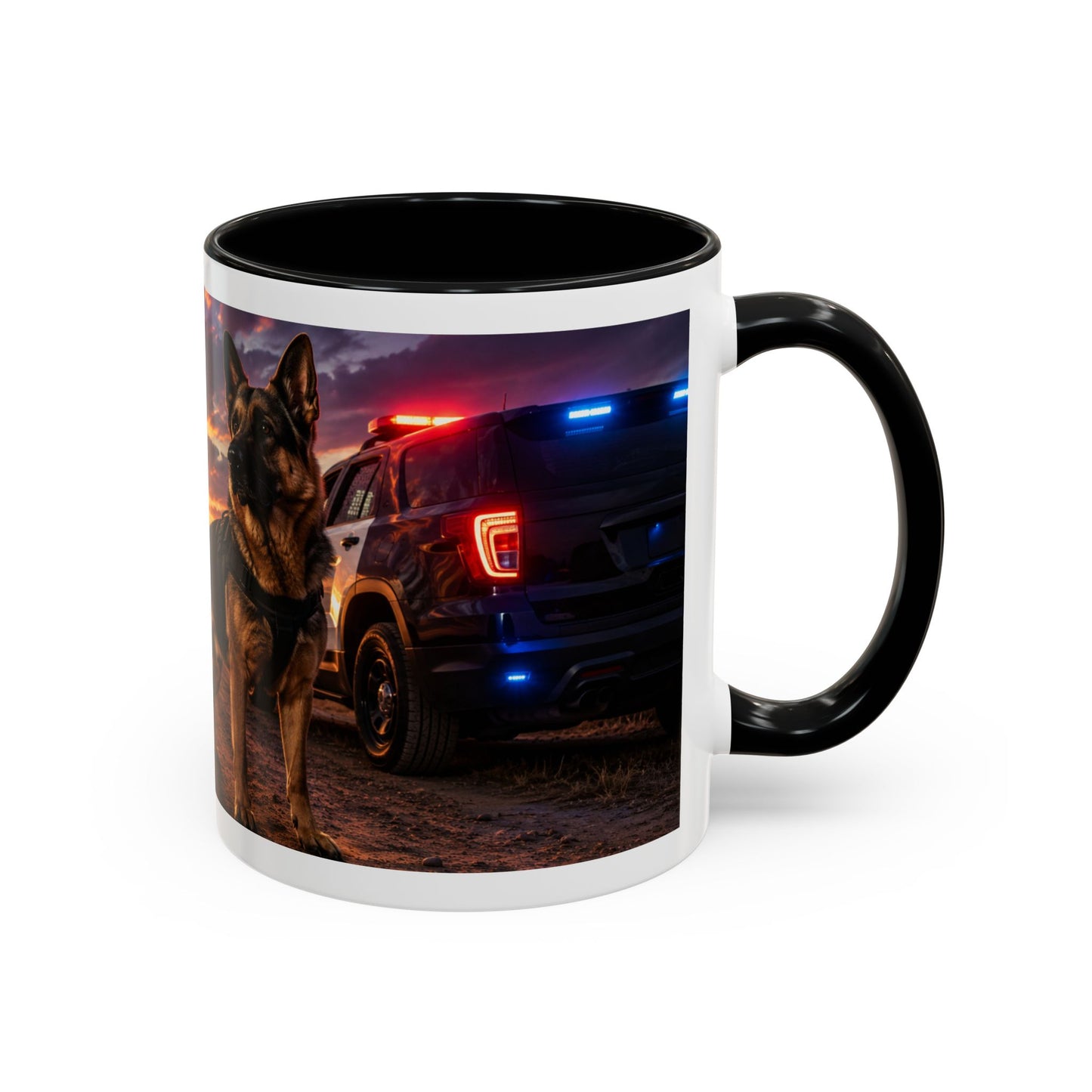 Police K9 Coffee Mug - German Shepherd with Patrol SUV at Sunset (11/15oz)
