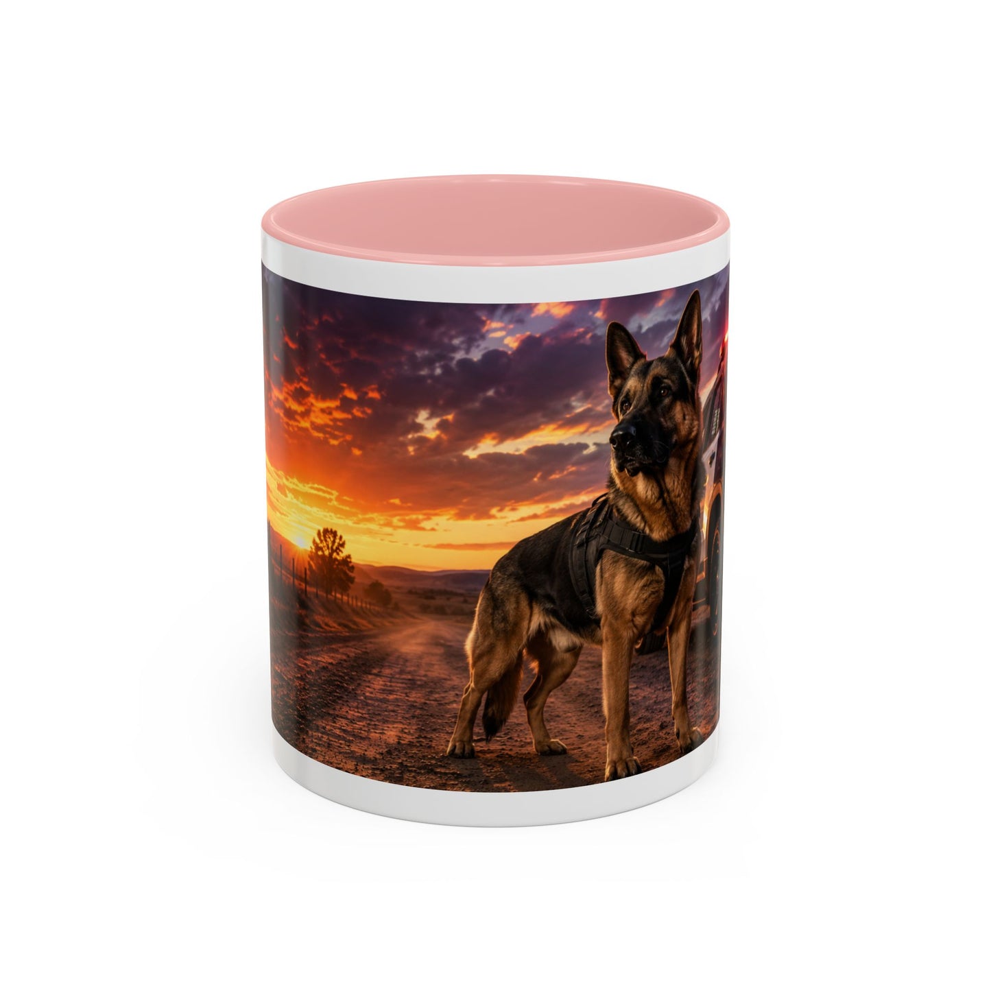 Police K9 Coffee Mug - German Shepherd with Patrol SUV at Sunset (11/15oz)