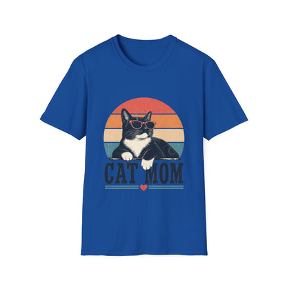 Cat Mom T-Shirt Tuxedo Cat — Retro Sunglasses Cat Vintage Sunset Tee
