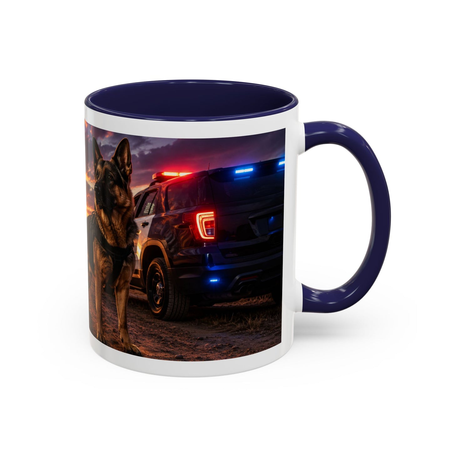 Police K9 Coffee Mug - German Shepherd with Patrol SUV at Sunset (11/15oz)