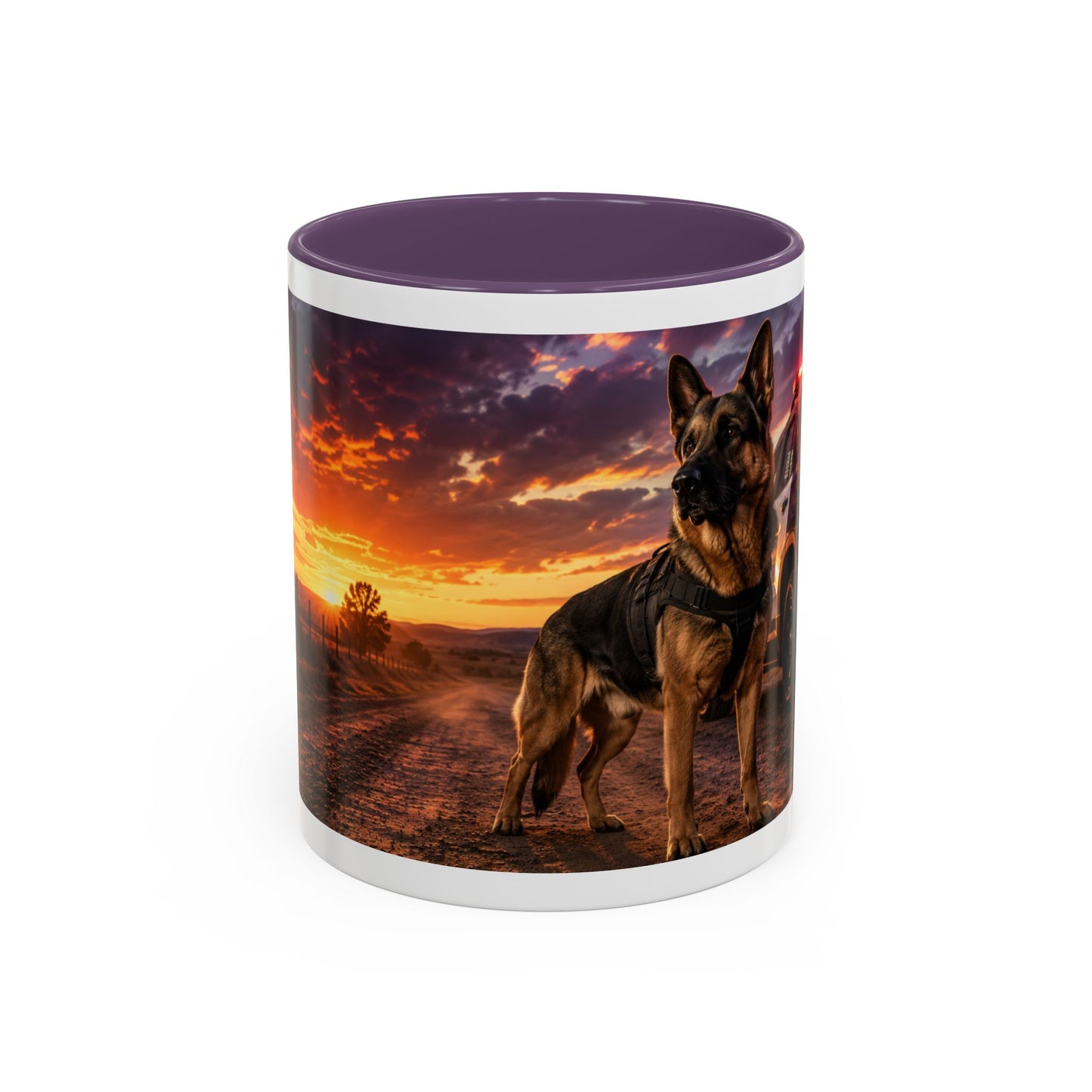 Police K9 Coffee Mug - German Shepherd with Patrol SUV at Sunset (11/15oz)