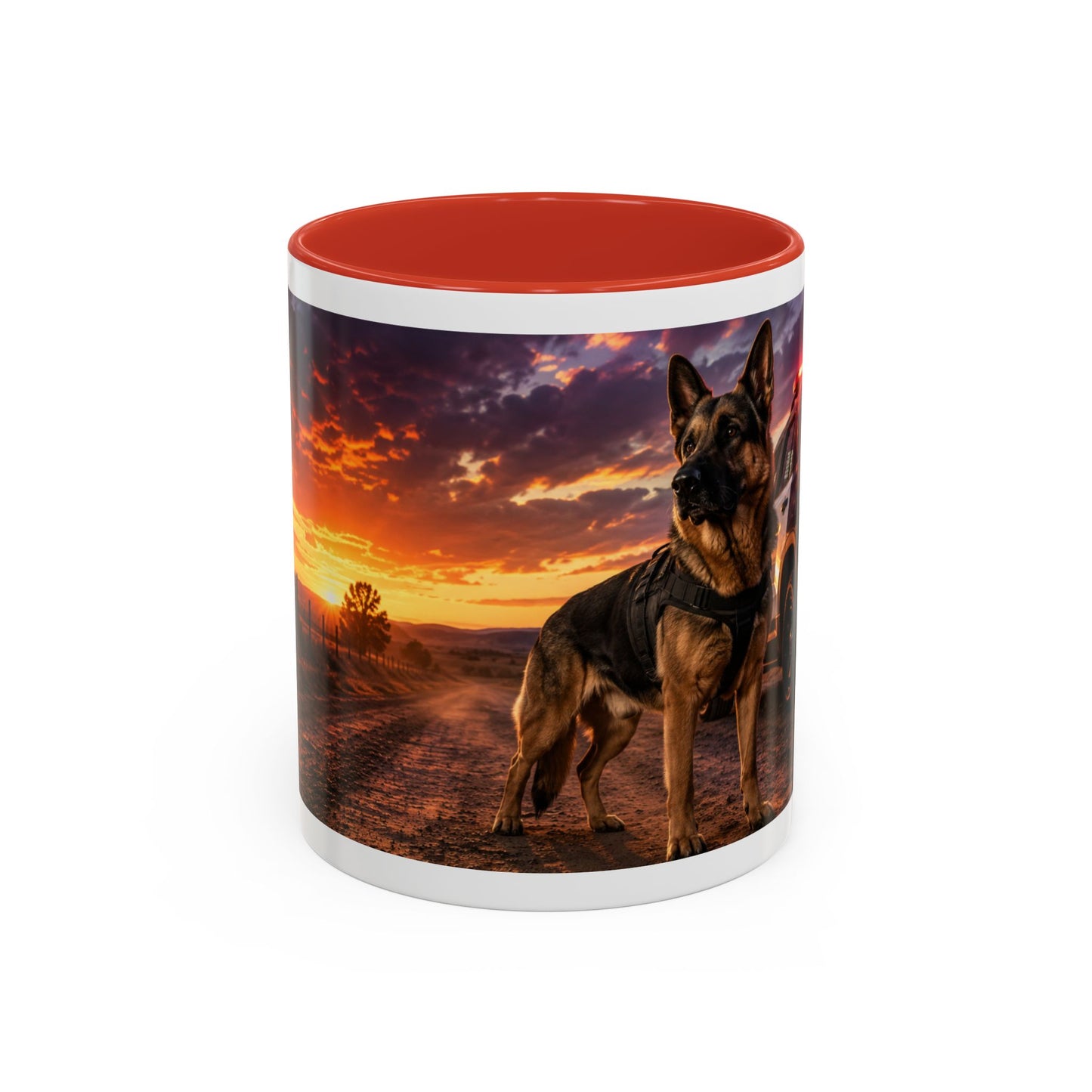 Police K9 Coffee Mug - German Shepherd with Patrol SUV at Sunset (11/15oz)