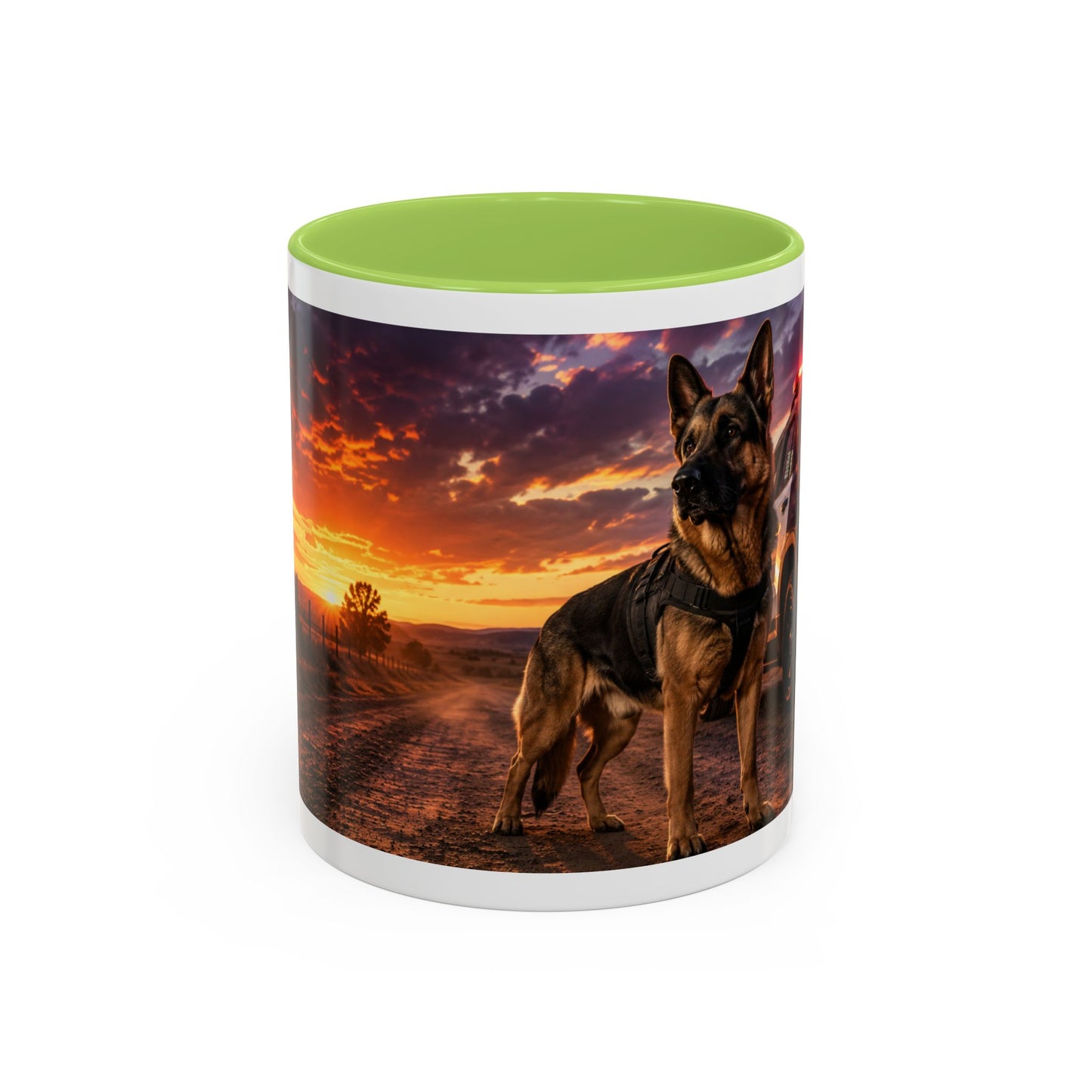 Police K9 Coffee Mug - German Shepherd with Patrol SUV at Sunset (11/15oz)