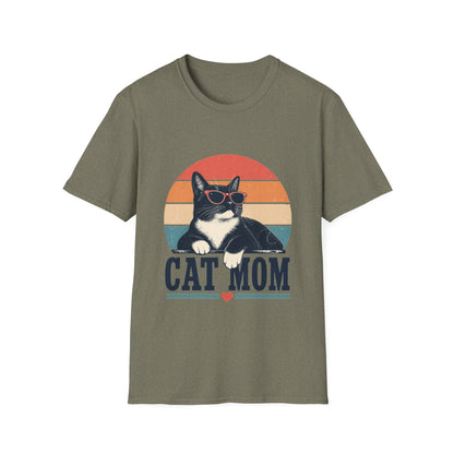 Cat Mom T-Shirt Tuxedo Cat — Retro Sunglasses Cat Vintage Sunset Tee