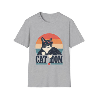 Cat Mom T-Shirt Tuxedo Cat — Retro Sunglasses Cat Vintage Sunset Tee