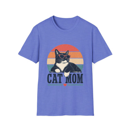Cat Mom T-Shirt Tuxedo Cat — Retro Sunglasses Cat Vintage Sunset Tee