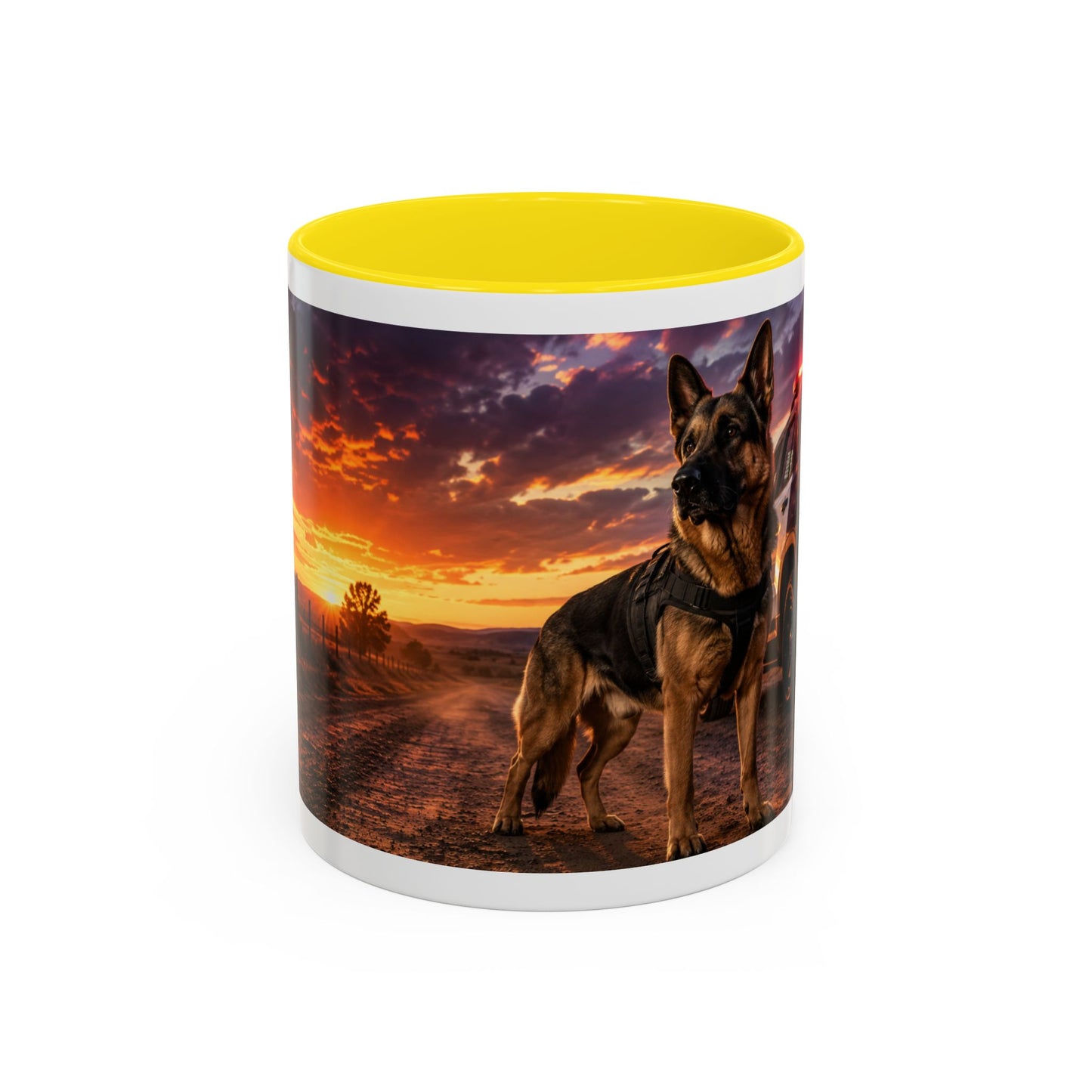 Police K9 Coffee Mug - German Shepherd with Patrol SUV at Sunset (11/15oz)