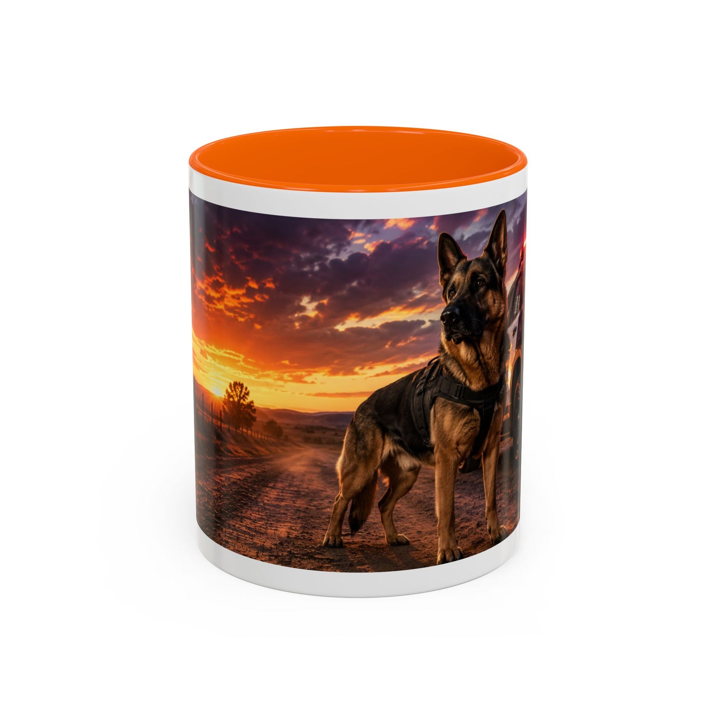 Police K9 Coffee Mug - German Shepherd with Patrol SUV at Sunset (11/15oz)