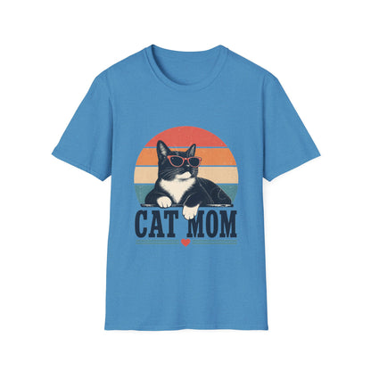 Cat Mom T-Shirt Tuxedo Cat — Retro Sunglasses Cat Vintage Sunset Tee
