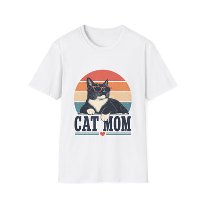 Cat Mom T-Shirt Tuxedo Cat — Retro Sunglasses Cat Vintage Sunset Tee